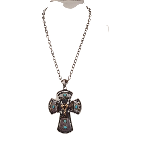 Turquoise Bead Necklace Silvertone Metal Cross Necklace 2 Piece Bundle - Picture 6 of 9